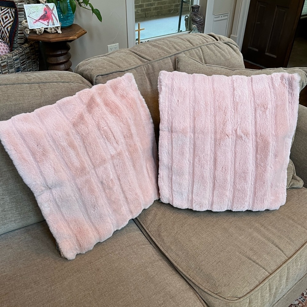 Faux Fur Pillow Covers Set/2 Soft Plush Dusty Pink 18" Square Striped Mod Luxe